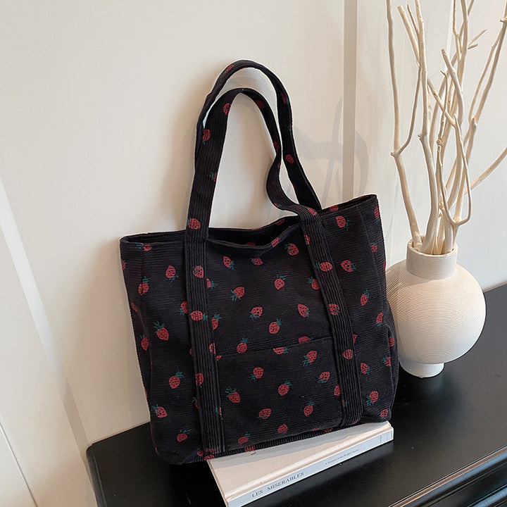 Playful Strawberry Print Corduroy Tote Bag Bowlift