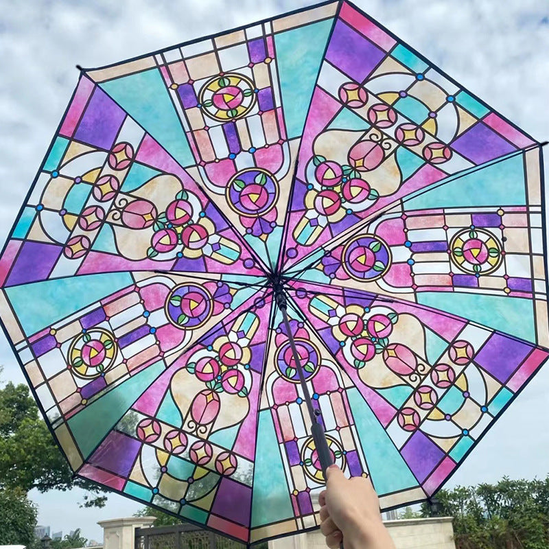 Women Folding Umbrella with Artistic Glass Window Design Bowlift