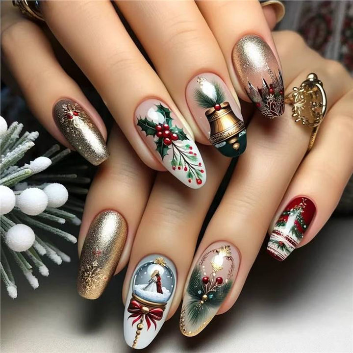 Festive Holiday-Themed Press-On Nail Art Set Bowlift