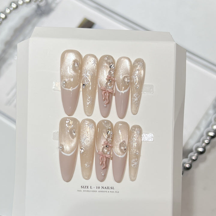 Decorative Stiletto Press-On Nail Set with Artistic Accents Bowlift
