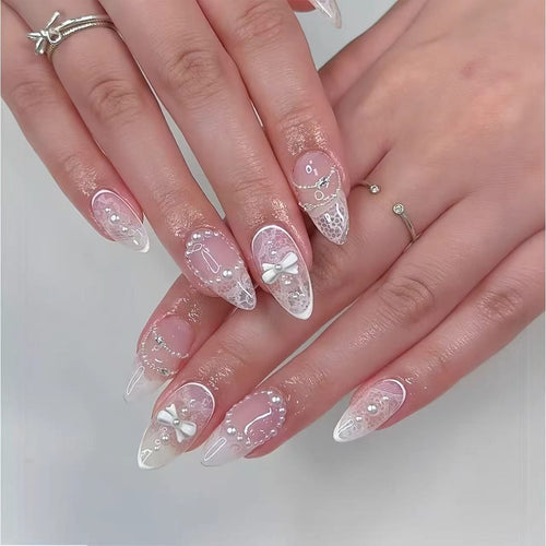 Elegant French Tip Lace Detail Press-On Nails Bowlift