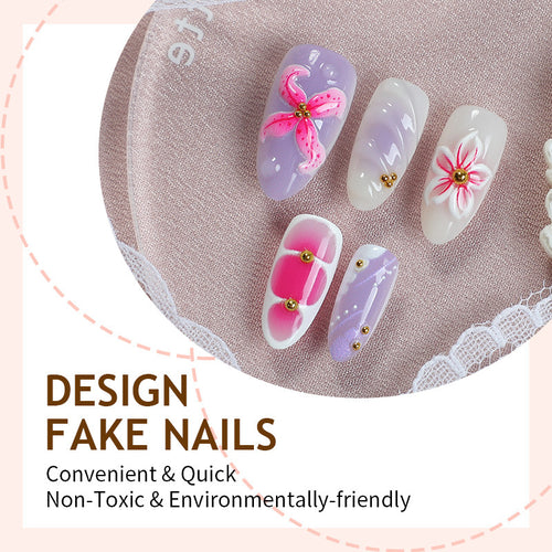 Artificial nail set with floral decorations and delicate glitter Bowlift