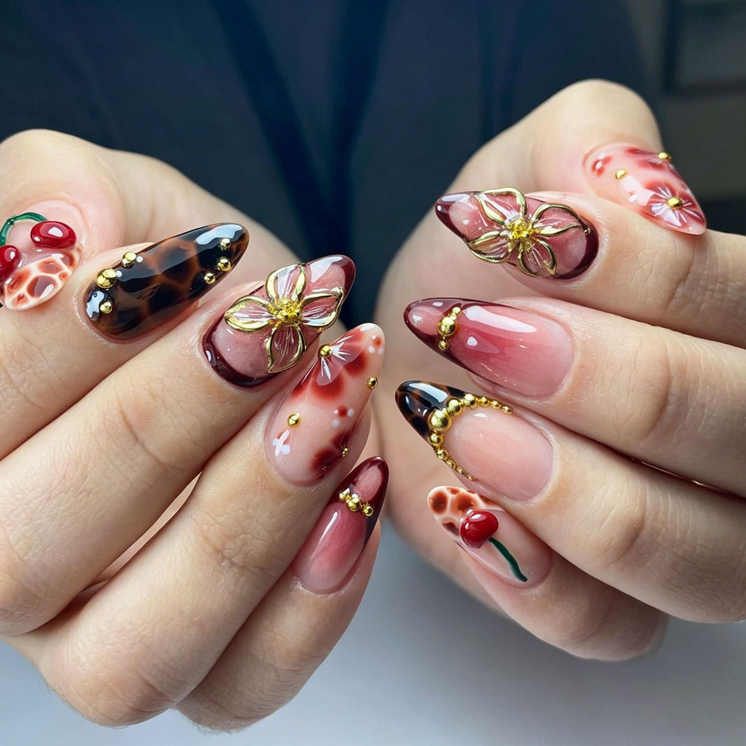 Artful nail tips with cheerful flower and cherry design Bowlift