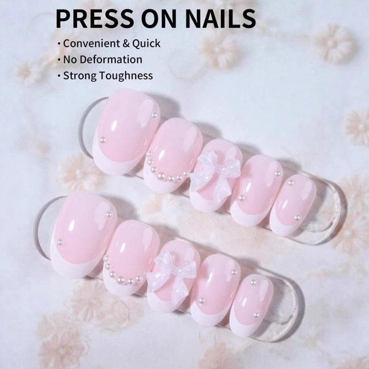 Artificial nail set with exquisite 3D flowers and elegant pearl embellishments Bowlift