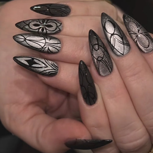 Decorative Press-On Nail Set with Artistic Spider Design Bowlift