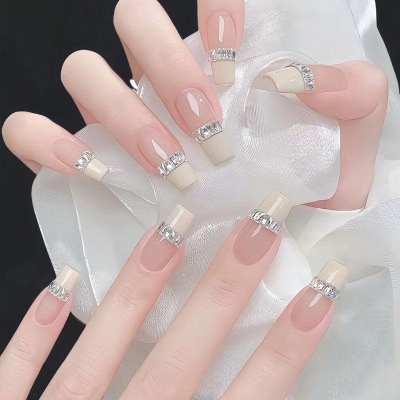 Elegant Rhinestone French Tip Press-On Nails Bowlift
