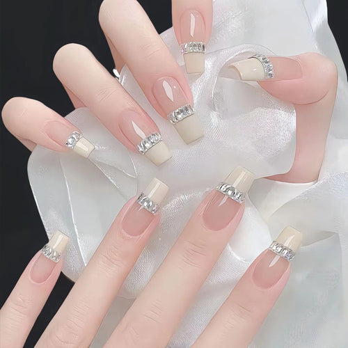 Elegant Rhinestone French Tip Press-On Nails Bowlift
