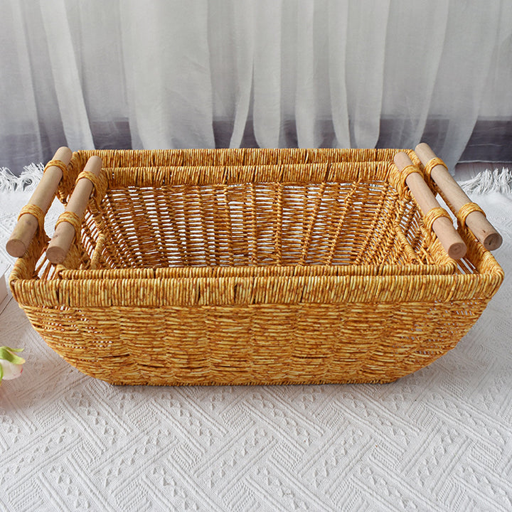 Handwoven Storage Basket with Wooden Handles Bowlift