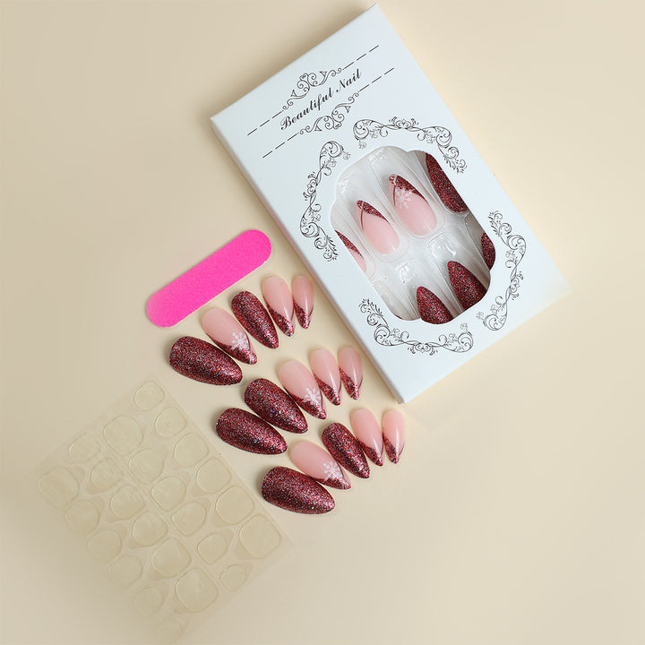 Glamorous Press-On Nail Set with Glitter Accent and Almond Shape Bowlift