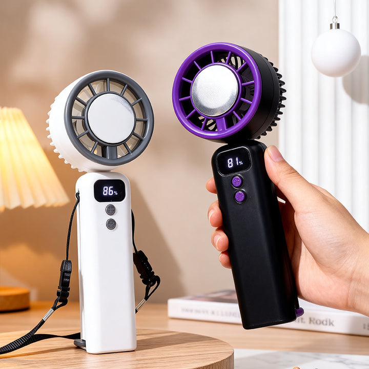 Cooling compact rechargeable handheld mini fan with digital speed indicator detachable lanyard foldable head Bowlift