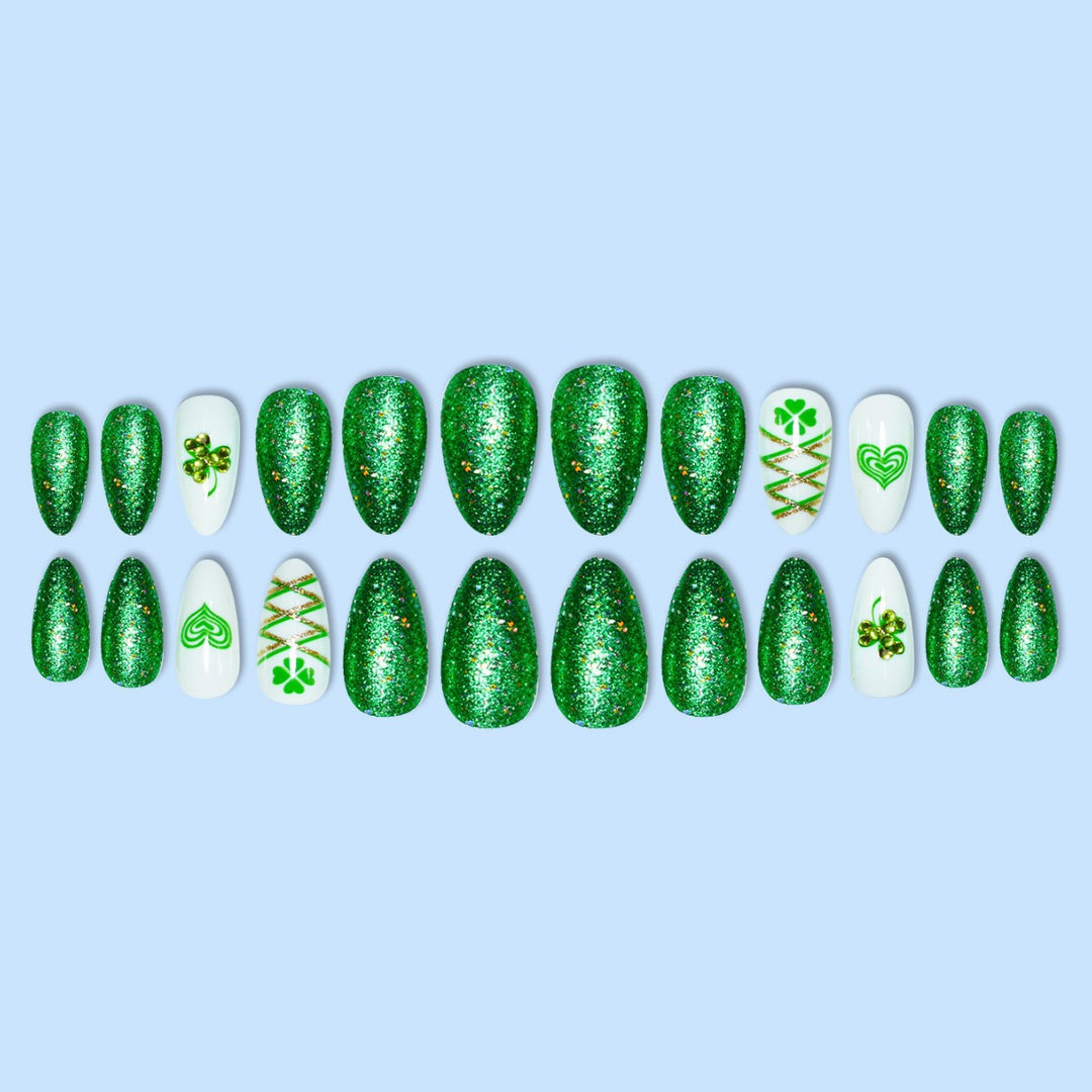 Glamorous Stiletto Press-On Nail Art with Glitter and Shamrock Design Bowlift