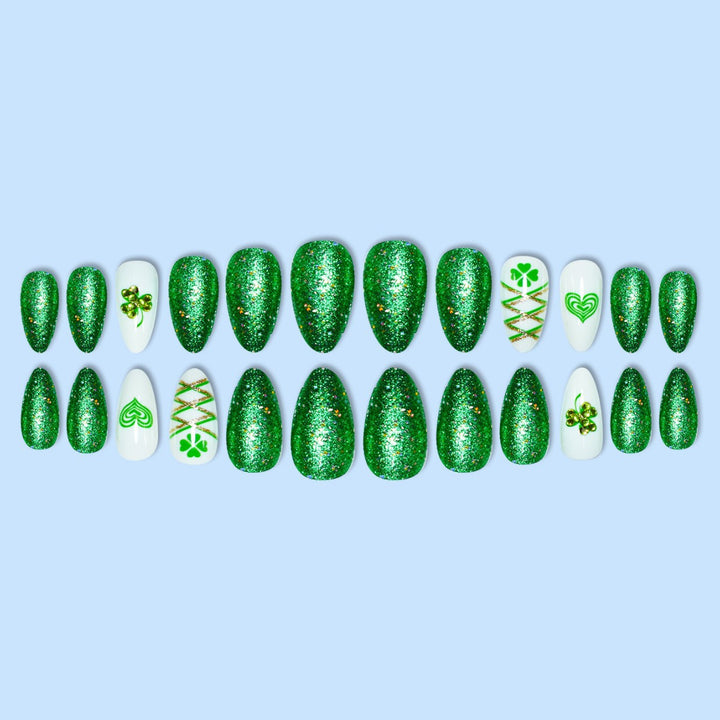 Glamorous Stiletto Press-On Nail Art with Glitter and Shamrock Design Bowlift