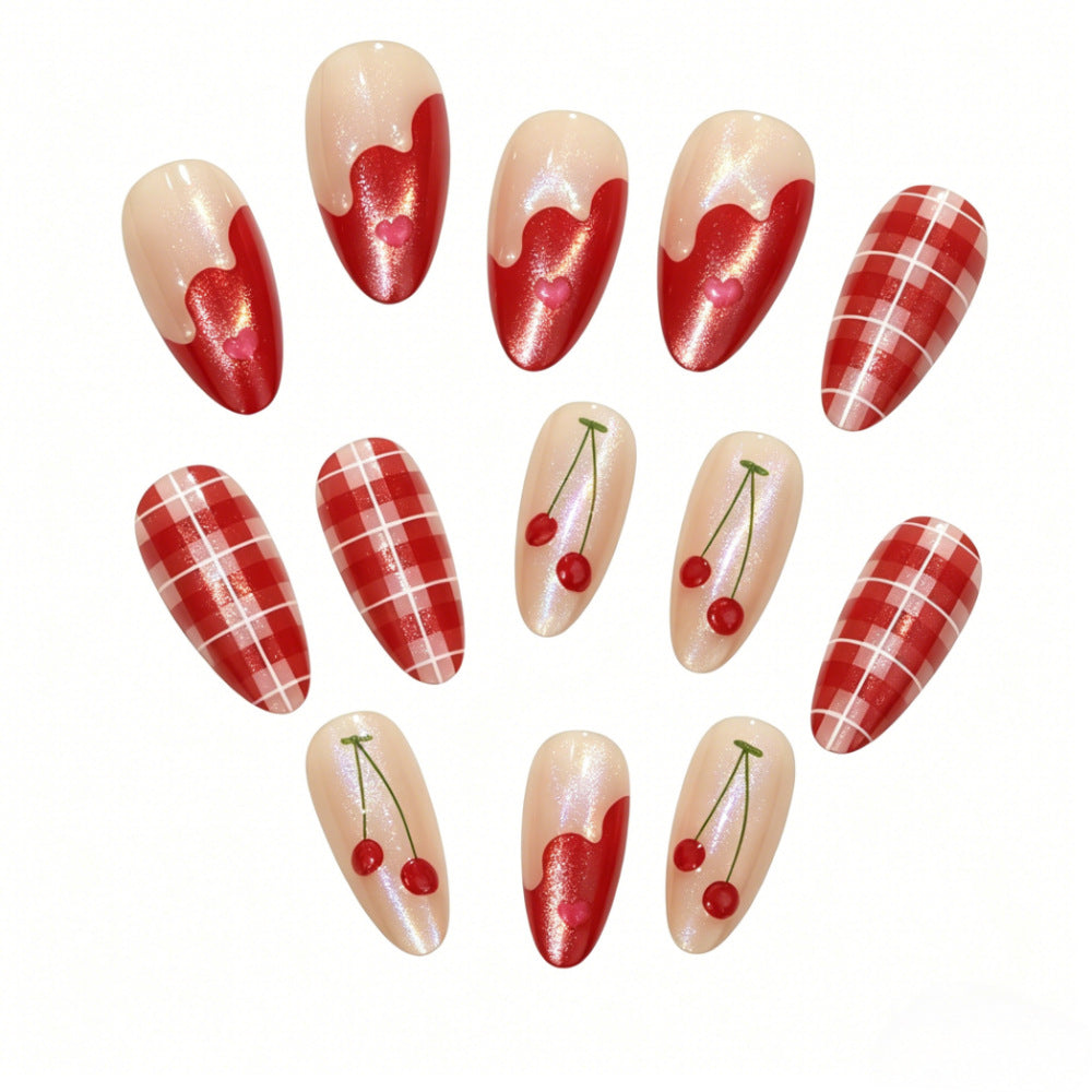 Artificial nails with romantic cherry and checkered pattern Bowlift