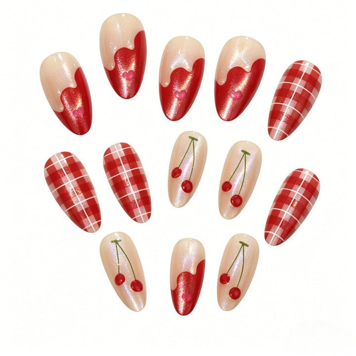 Artificial nails with romantic cherry and checkered pattern Bowlift