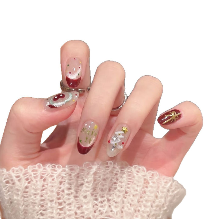 Festive Press-On Nail Art Set with Holiday Designs Bowlift