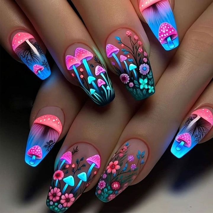 Artificial nails with glowing mushroom and flower motifs Bowlift