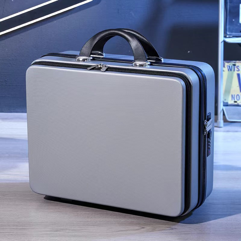 compact hard-shell travel vanity makeup case with TSA combination lock and dual-zip compartments Bowlift