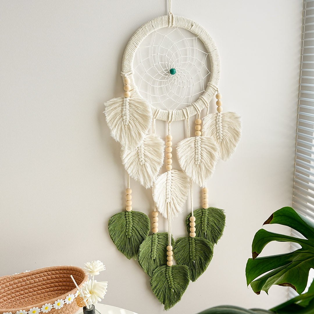 Bohemian Macrame Dreamcatcher Wall Hanging with Cotton Leaf Tassels and Wooden Beads Bowlift