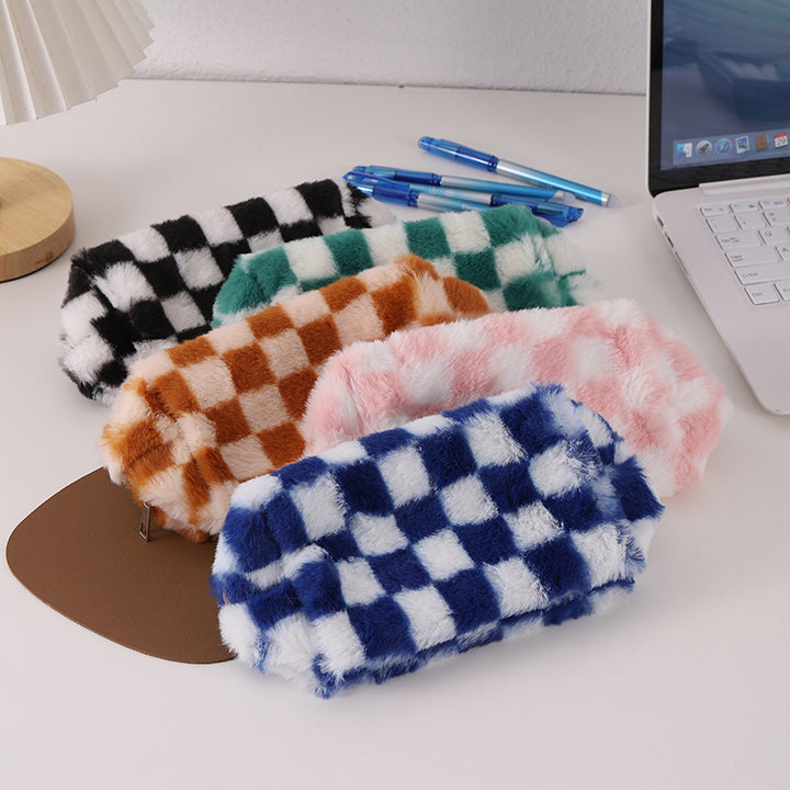 Faux Fur Checkered Zipper Makeup Organizer Pouch Bowlift