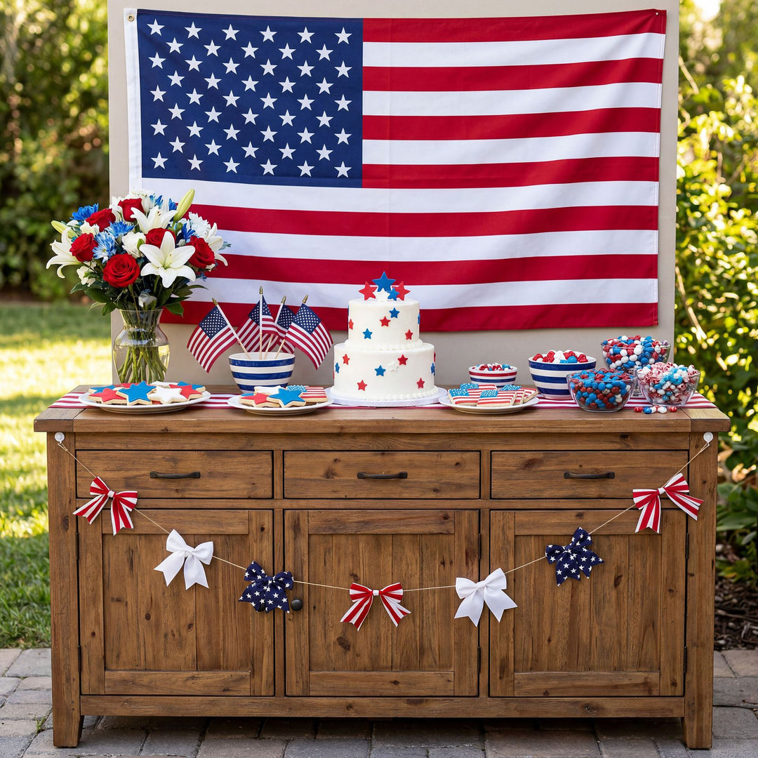 Unisex nan decorative fabric bow garland with jute twine and assorted striped star bows Bowlift