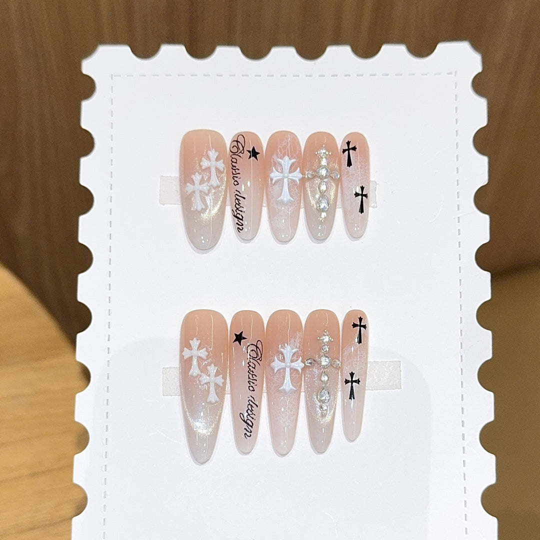 Artificial nail tips with cross and glitter motifs Bowlift