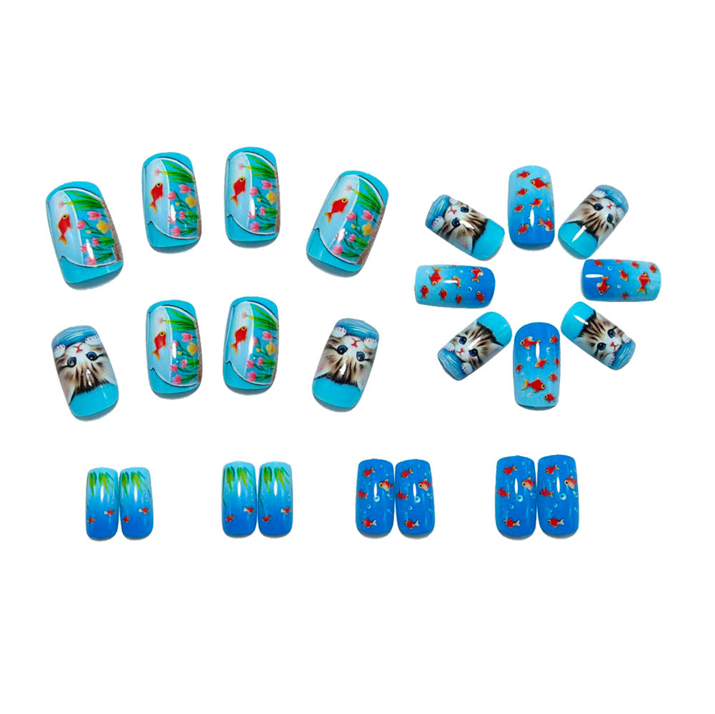 Nail art with playful cat and fish design Bowlift