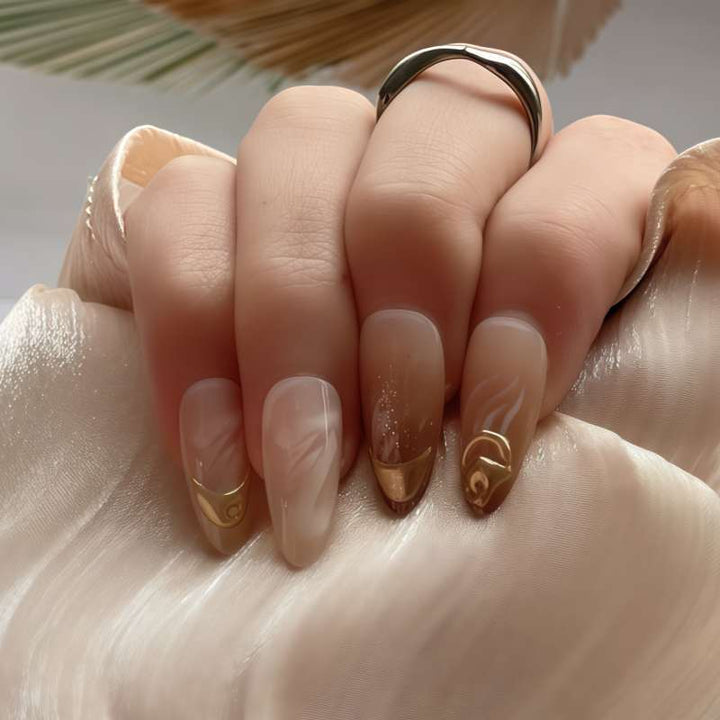 Artistic Press-On Nail Set with Gold and Floral Accents Bowlift