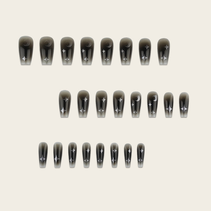 Artificial Nails in Elegant Moon Design with Shimmering Stars Bowlift