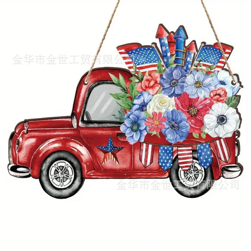 Independence Day rustic round wooden patriotic cross wall plaque with floral accents and God Bless America banner Bowlift