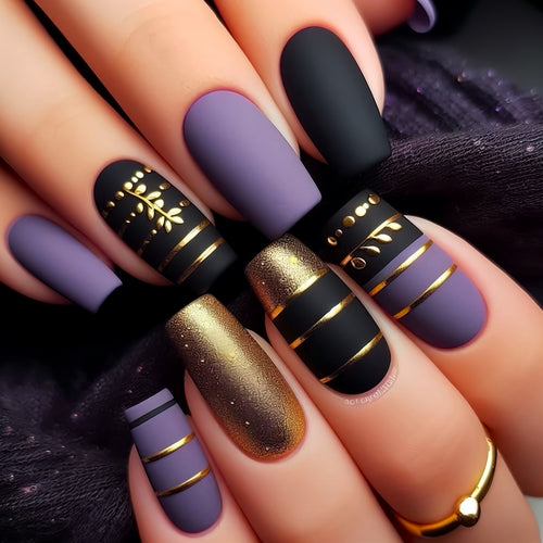 Trendy Press-On Nail Art with Decorative Gold Accents Bowlift