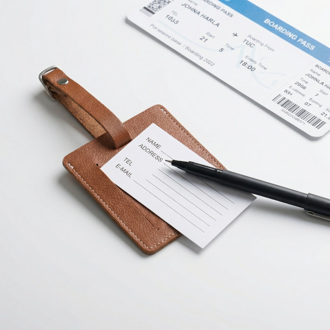 Premium leather luggage tag with adjustable buckle strap and protective ID card sleeve Bowlift