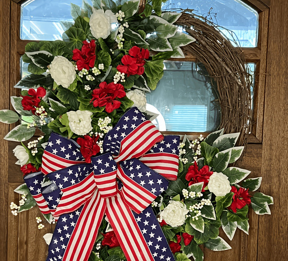 Unisex nan patriotic Americana grapevine front door wreath with oversized star-spangled bow and realistic silk floral accents Bowlift