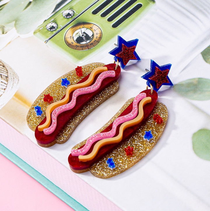 Women's nan novelty glitter hot dog dangle earrings with star stud Bowlift