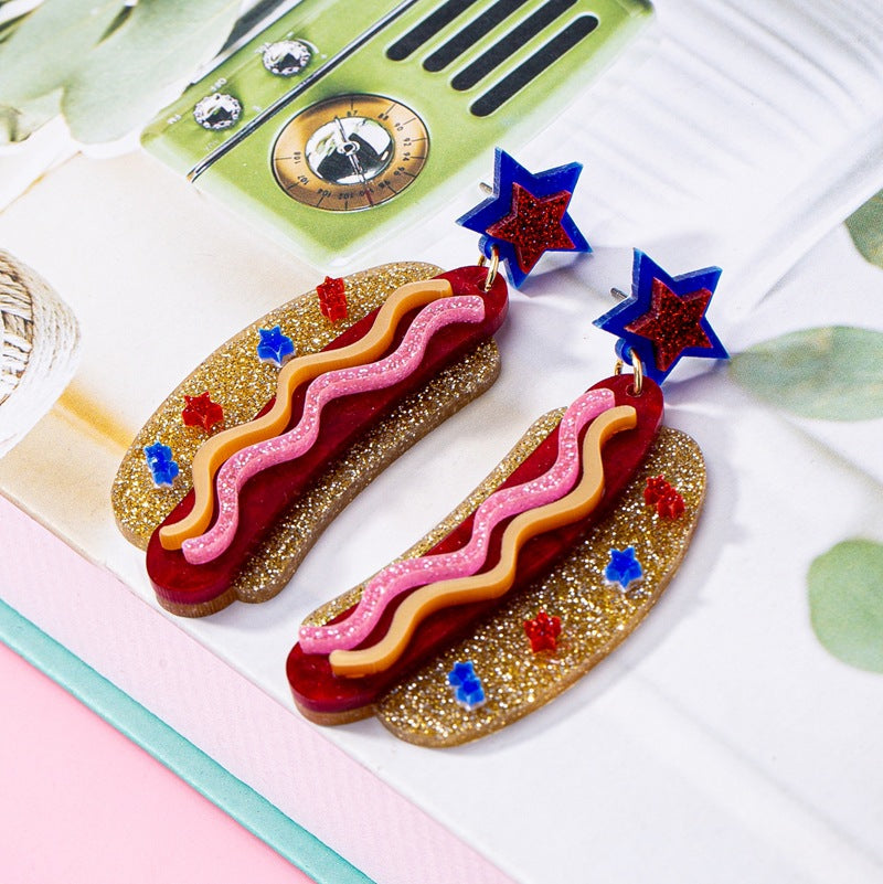 Women's original statement earrings in hotdog design with star stud and layered acrylic mix Bowlift