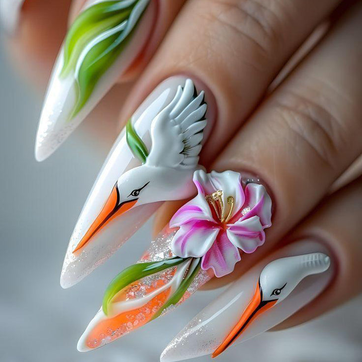 Artificial Nail Set with Floral Stork Design Bowlift