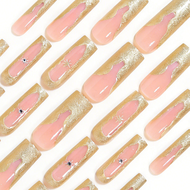 Artistic Long Nail Tips Set with Gold Accents Bowlift