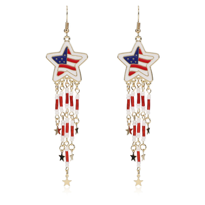 Women's nan long beaded fringe dangle earrings with enamel flag medallion and crystal drops Bowlift