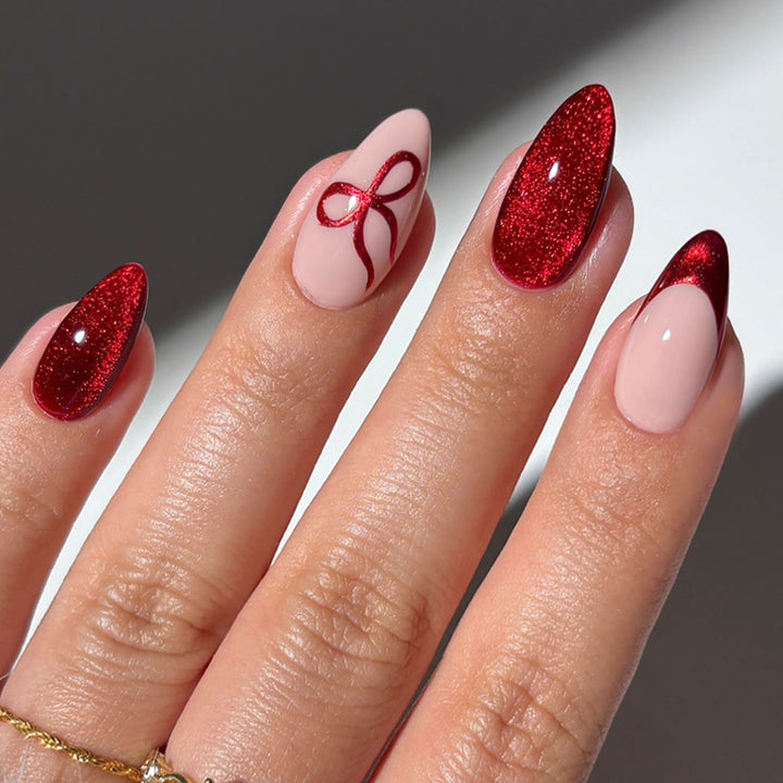 Glossy Press-On Nail Set with Elegant Ribbon Designs Bowlift