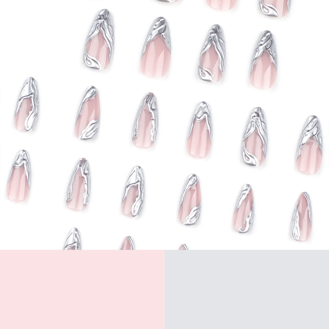 Artistic Acrylic Stiletto Nails with Elegant Metallic Decorations Bowlift