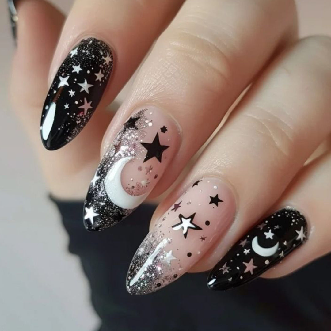 Stiletto Nail Art Extensions with Celestial Design Bowlift
