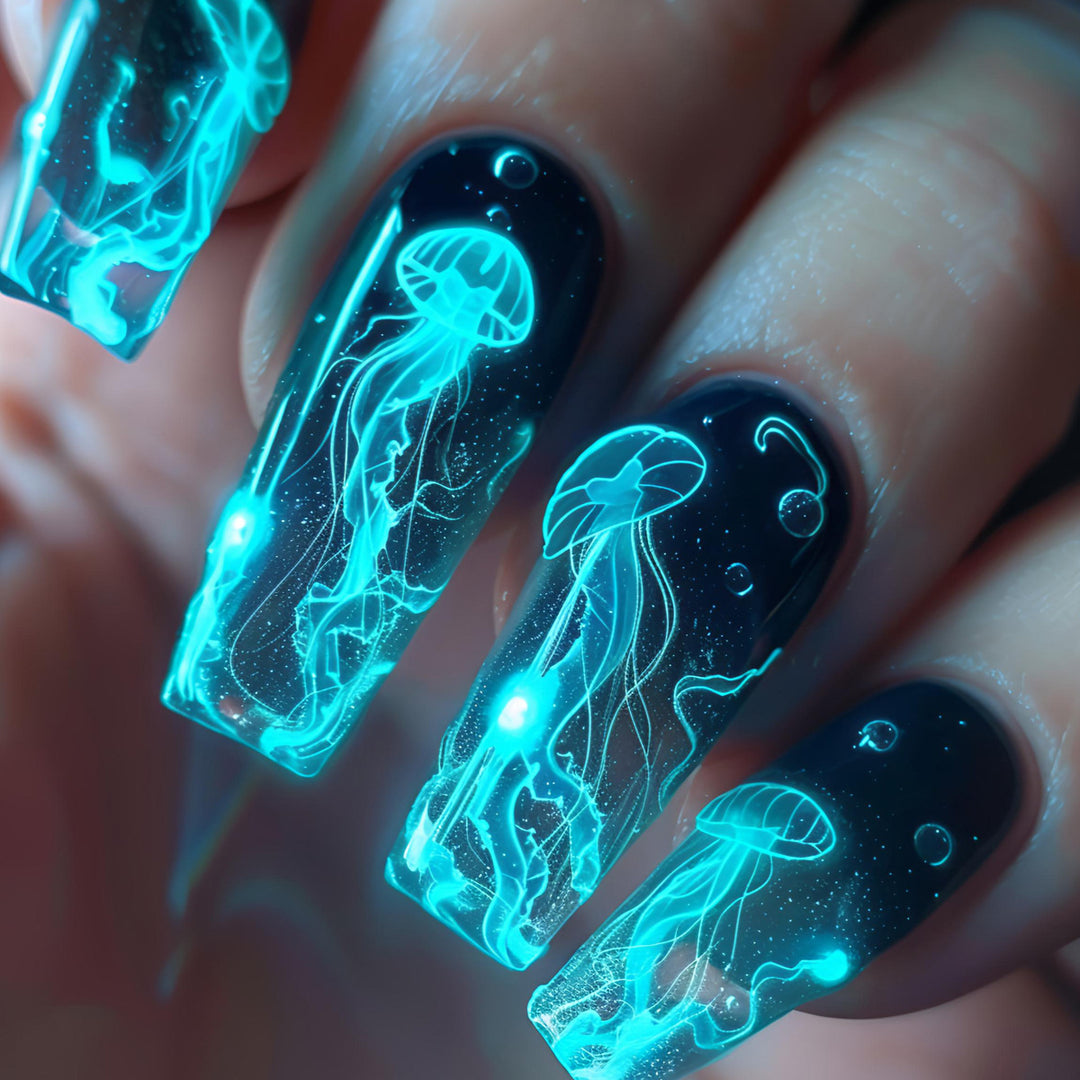 Artistic Glow-in-the-Dark Jellyfish Nail Art Bowlift
