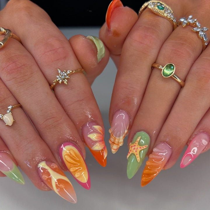Artistic Stiletto Press-On Nail Set with Vibrant Tropical Designs Bowlift