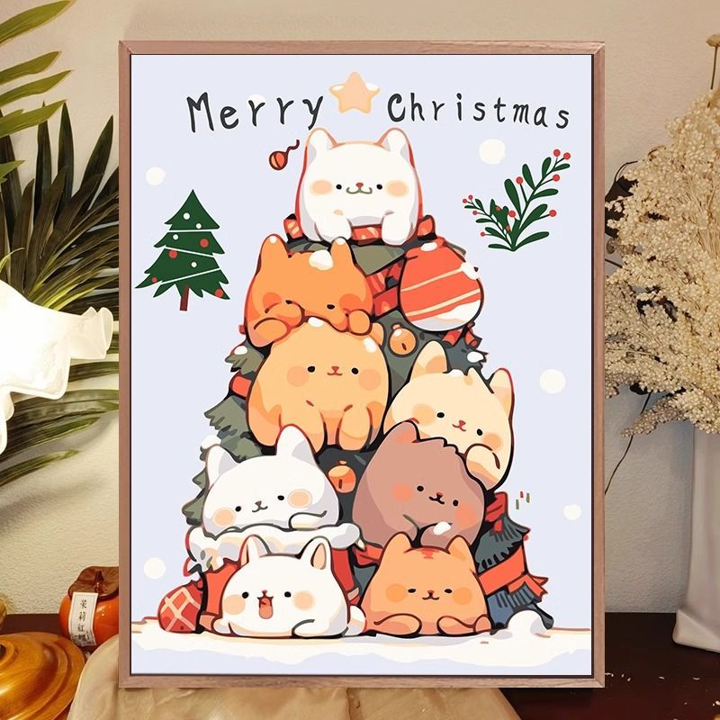 Whimsical Cat-Themed Holiday Canvas Art Print Bowlift