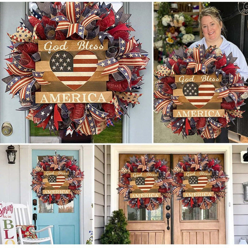 Unisex rustic patriotic door wreath with wooden sign heart motif and bow bouquet Bowlift
