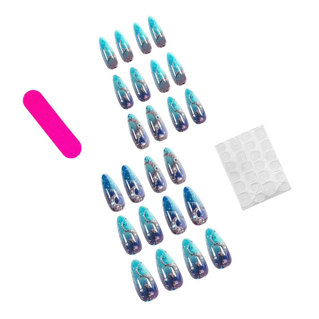 Artistic stiletto nails with glitter and marine motifs Bowlift