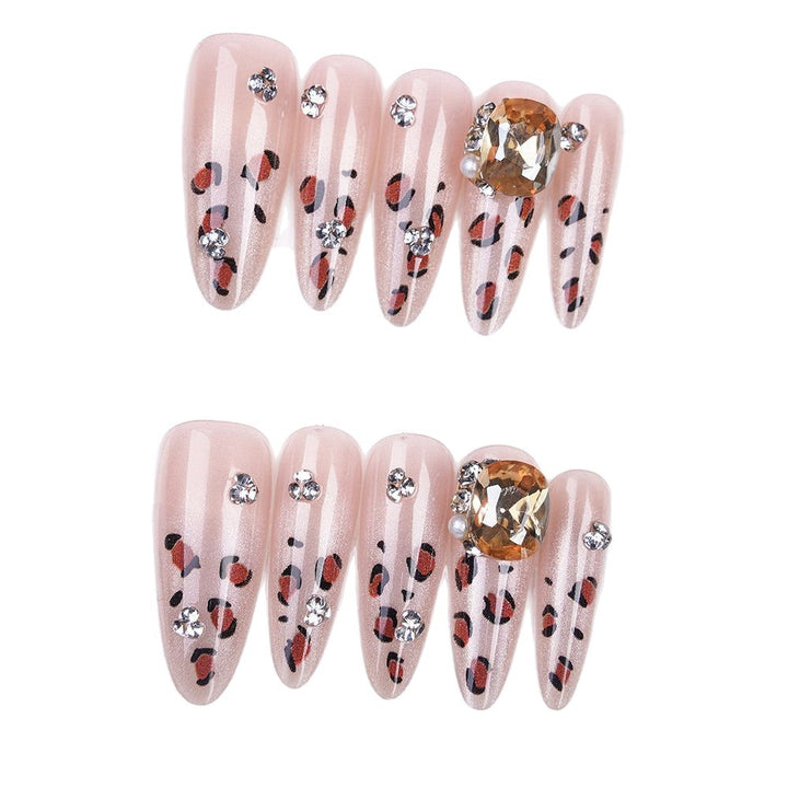 Artistic Stiletto Press-On Nails with Glitter and Leopard Design Bowlift