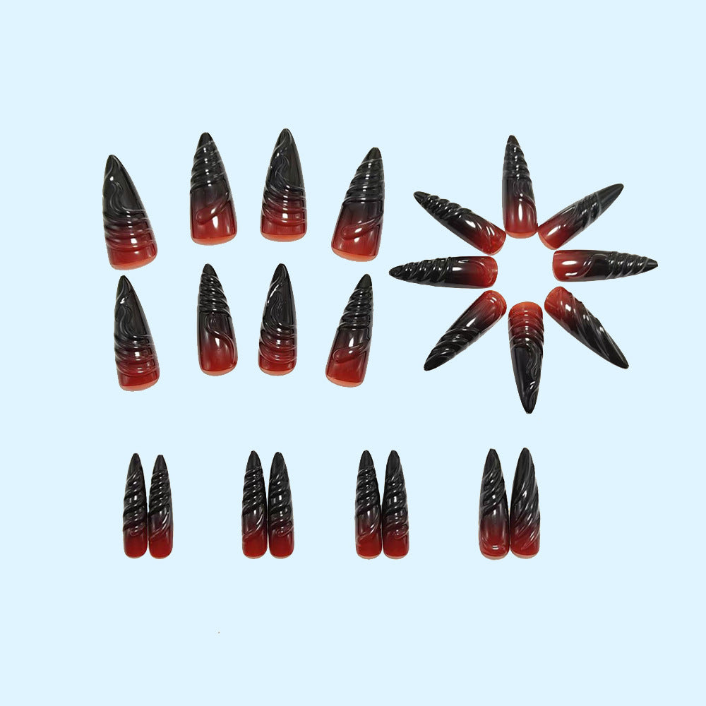 Acrylic Nail Set with Elegant Tips and Black-Red Gradient Color Bowlift