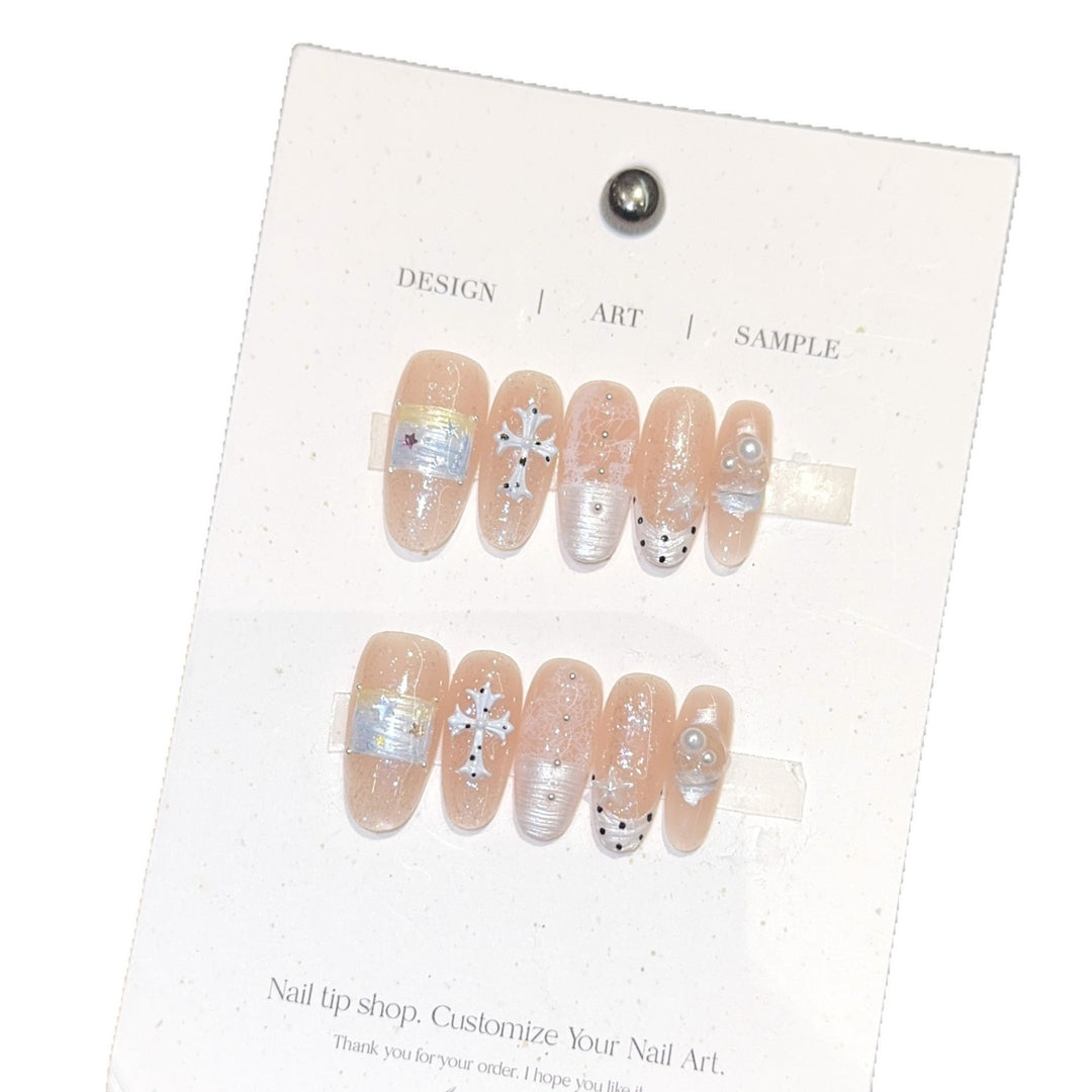 Acrylic Nail Set with Dreamy Glitter and Pearl Designs Bowlift