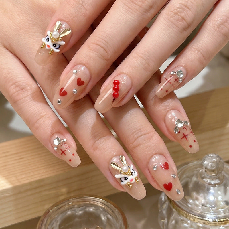 Artistic Press-On Nail Set with Themed Rabbit and Heart Designs Bowlift
