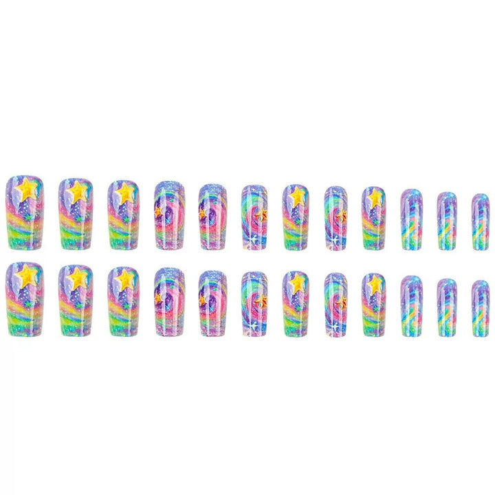 Glittering artificial nail set with colorful spiral design and star accents Bowlift